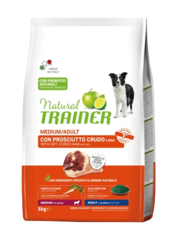 NATURAL TRAINER Medium Cane Adult (+12 Mesi) Prosciutto Crudo E Riso 3Kg