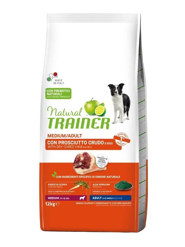NATURAL TRAINER Medium Cane Adult (+12 Mesi) Prosciutto Crudo E Riso 12Kg