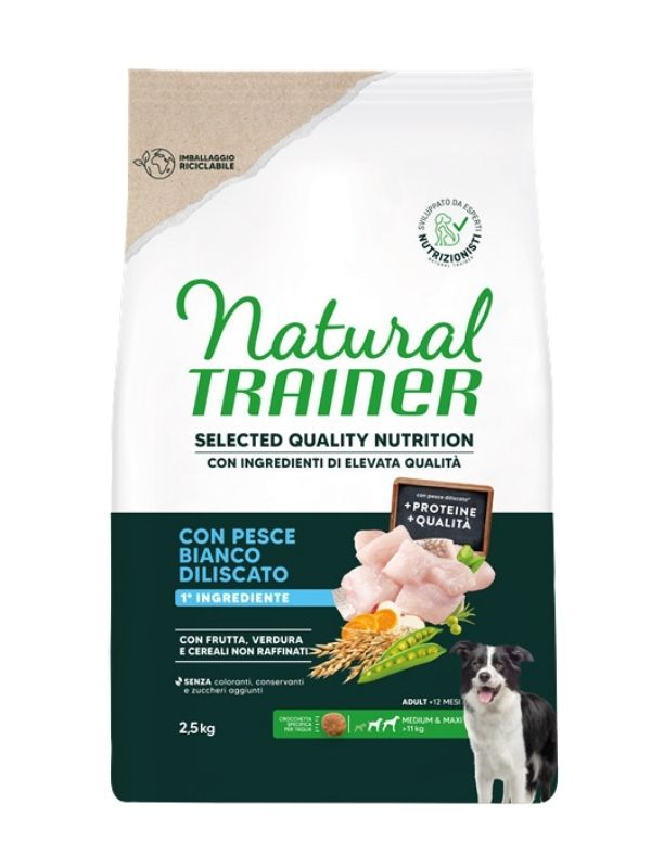 NATURAL TRAINER Selected Quality Nutrition Cane Adult (+12 Mesi) Pesce Bianco Diliscato 2.5Kg