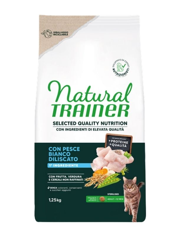 NATURAL TRAINER Selected Quality Nutrition Gatto Adult Sterilized (+12 Monate) Entbeinter Weißfisch 1.25Kg