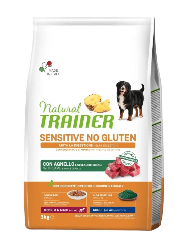 NATURAL TRAINER Sensitive No Gluten Medium E Maxi Cane Adult (+12 Mesi) Agnello E Cereali Integrali 3Kg