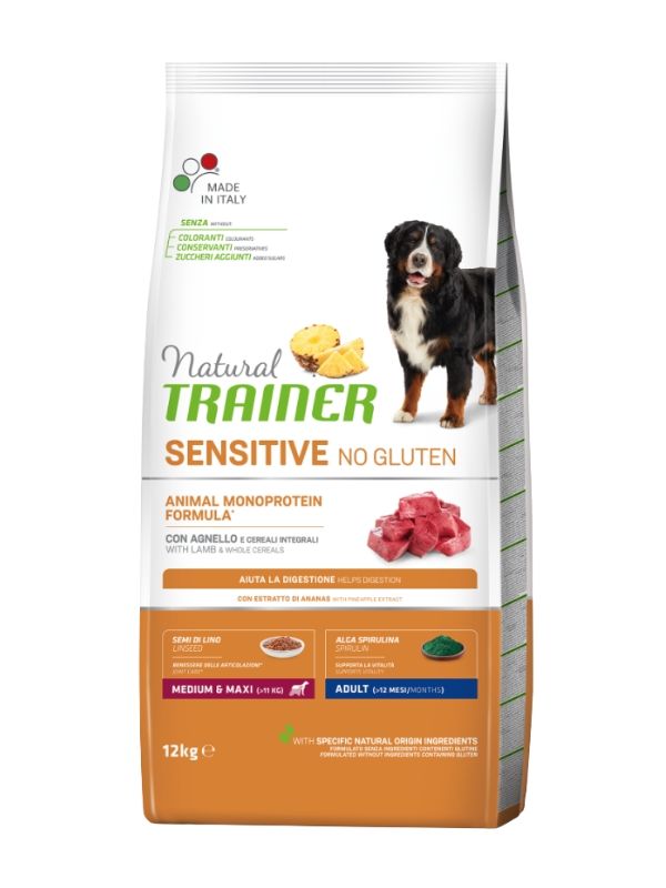 NATURAL TRAINER Sensitive No Gluten Medium E Maxi Chien Adult (+12 Mois) Agneau Et Céréales Complètes 12Kg