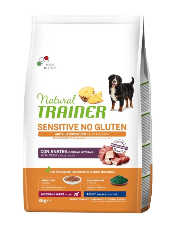 NATURAL TRAINER Sensitive No Gluten Medium E Maxi Cane Adult (+12 Mesi) Anatra E Cereali Integrali 3Kg