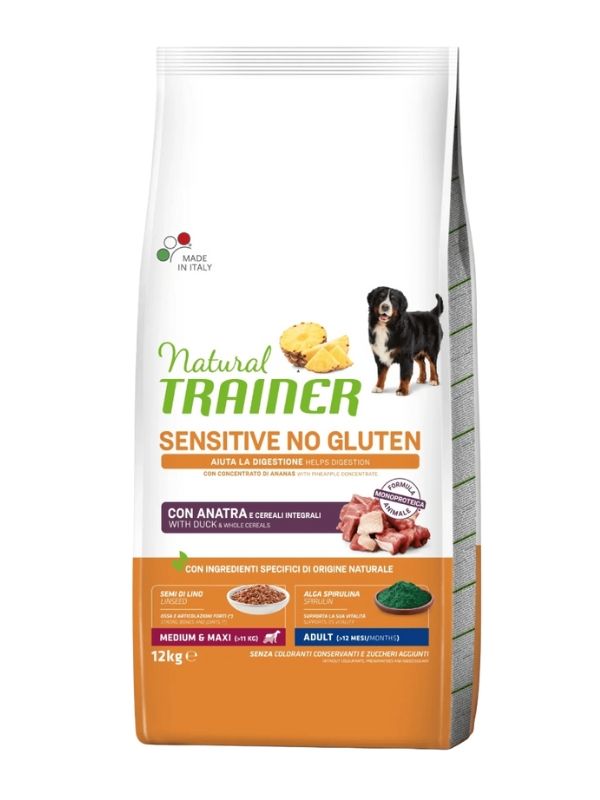 NATURAL TRAINER Sensitive No Gluten Medium E Maxi Cane Adult (+12 Mesi) Anatra E Cereali Integrali 12Kg