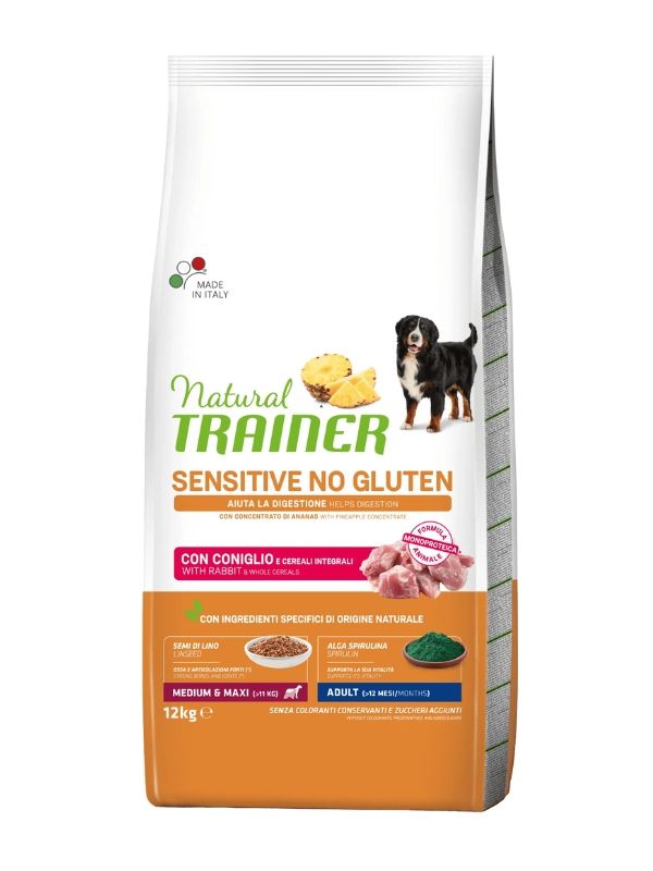 NATURAL TRAINER Sensitive No Gluten Medium E Maxi Cane Adult (+12 Mesi) Coniglio E Cereali Integrali 12Kg