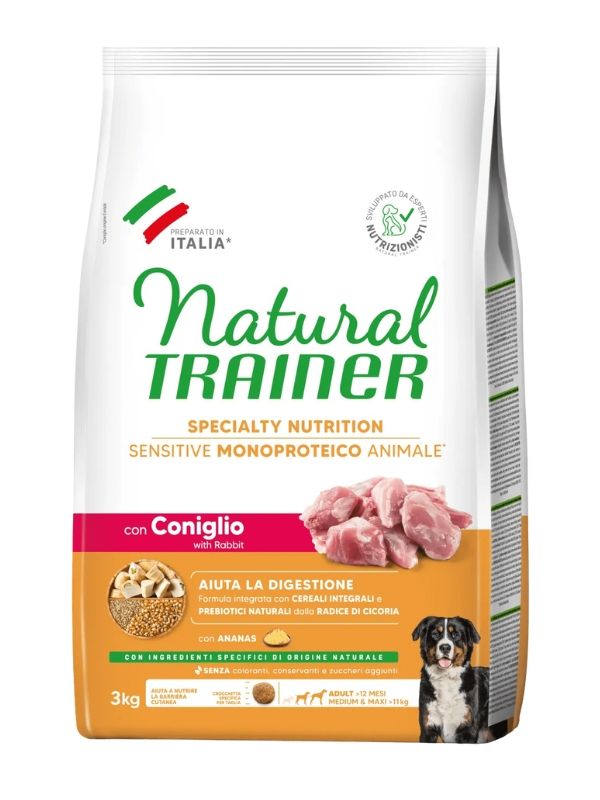 NATURAL TRAINER Sensitive No Gluten Medium E Maxi Cane Adult (+12 Mesi) Coniglio E Cereali Integrali 3Kg