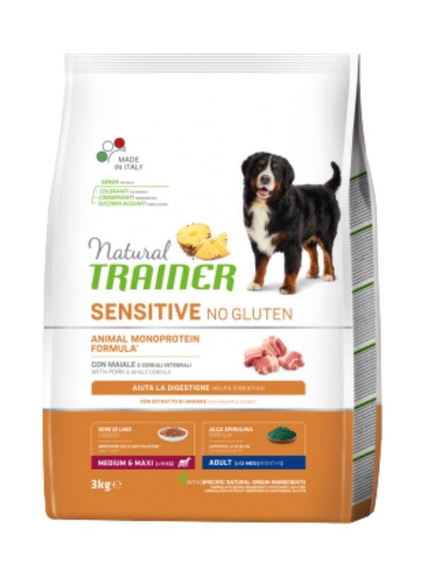 NATURAL TRAINER Sensitive No Gluten Medium E Maxi Cane Adult (+12 Mesi) Maiale E Cereali Integrali 3Kg