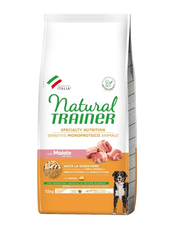 NATURAL TRAINER Sensitive No Gluten Medium E Maxi Cane Adult (+12 Mesi) Maiale E Cereali Integrali 12Kg