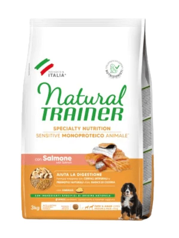 NATURAL TRAINER Sensitive No Gluten Medium E Maxi Cane Puppy E Junior (+2 Mesi) Salmone E Cereali Integrali 3Kg