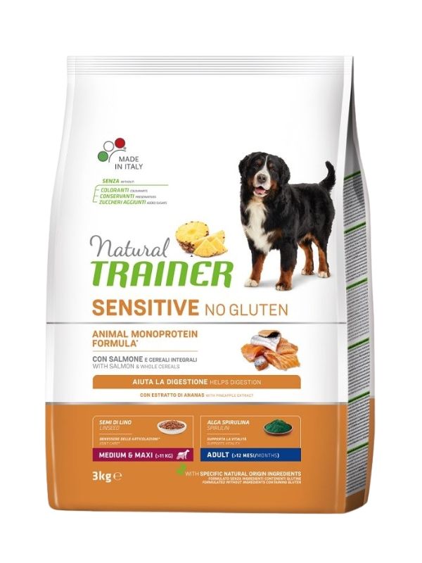 NATURAL TRAINER Sensitive No Gluten Medium E Maxi Cane Adult (+12 Mesi) Salmone E Cereali Integrali 3Kg