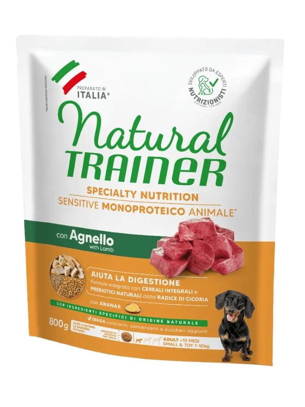 NATURAL TRAINER Sensitive No Gluten Small E Toy Cane Puppy E Junior (+2 Mesi) Agnello E Cereali Integrali 800G