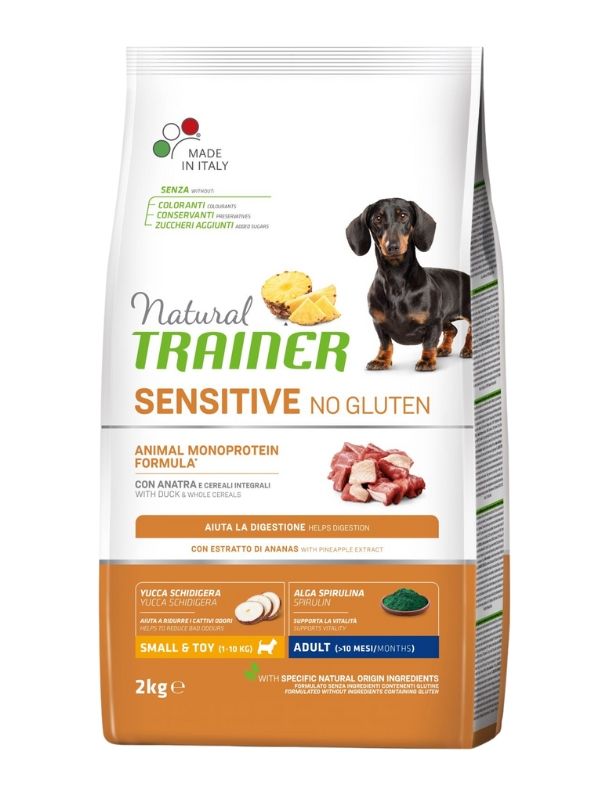 NATURAL TRAINER Sensitive No Gluten Small E Toy Cane Puppy E Junior (+2 Mesi) Anatra E Cereali Integrali 2Kg