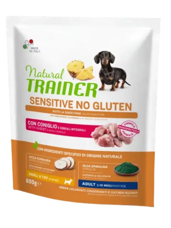 NATURAL TRAINER Sensitive No Gluten Small E Toy Cane Puppy E Junior (+2 Mesi) Coniglio E Cereali Integrali 800G
