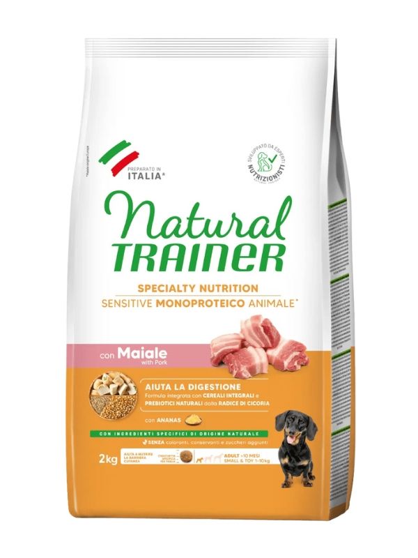 NATURAL TRAINER Sensitive No Gluten Small E Toy Cane Puppy E Junior (+2 Mesi) Maiale E Cereali Integrali 2Kg