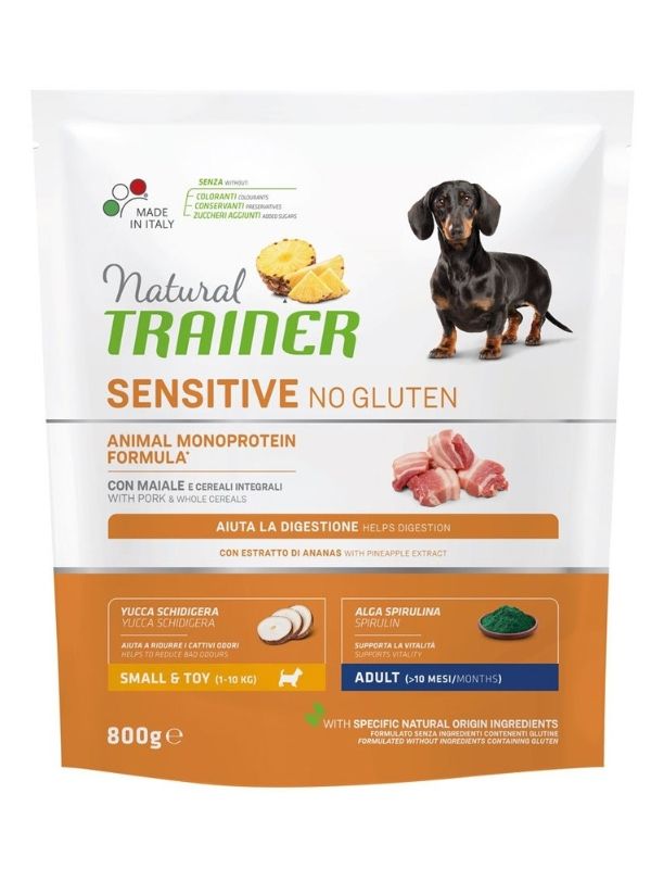 NATURAL TRAINER Sensitive No Gluten Small E Toy Cane Puppy E Junior (+2 Mesi) Maiale E Cereali Integrali 800G