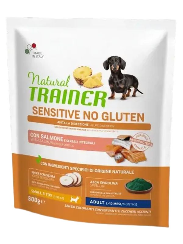NATURAL TRAINER Sensitive No Gluten Small E Toy Cane Puppy E Junior (+2 Mesi) Salmone E Cereali Integrali 800G