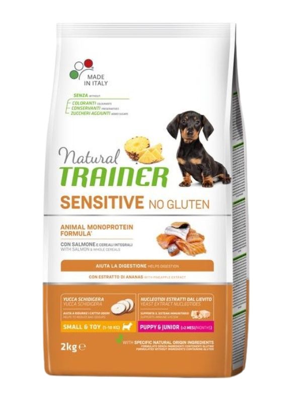 NATURAL TRAINER Sensitive No Gluten Small E Toy Cane Puppy E Junior (+2 Mesi) Salmone E Cereali Integrali 2Kg