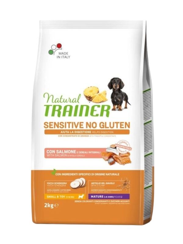 NATURAL TRAINER Sensitive No Gluten Small E Toy Cane Mature (+8 Anni) Salmone E Cereali Integrali 2Kg