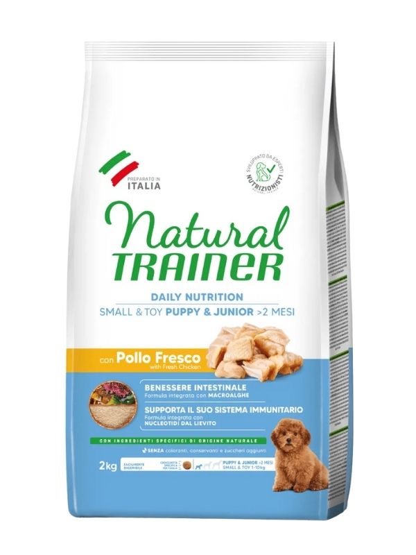 NATURAL TRAINER Small E Toy Cane Puppy E Junior (+2 Mesi) Pollo Fresco E Riso 2Kg