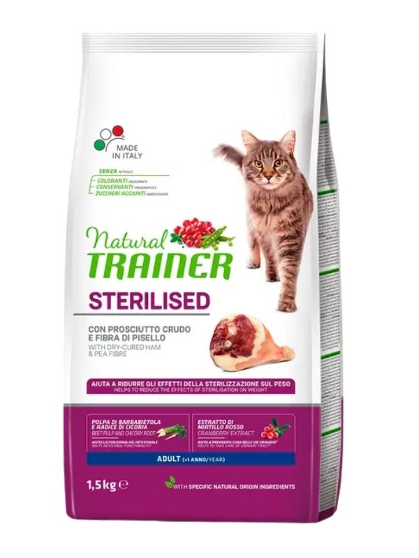 NATURAL TRAINER Sterilized Gatto Adult (+1 Anno) Prosciutto Crudo E Fibra Di Pisello 1.5Kg