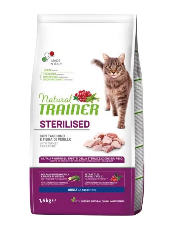 NATURAL TRAINER Sterilized Gatto Adult (+1 Anno) Tacchino E Fibra Di Pisello 1.5Kg