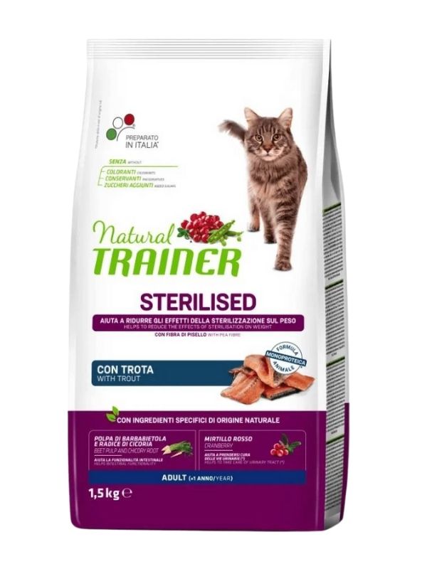 NATURAL TRAINER Sterilized Katze Adult (+1 Jahr) Forelle Und Erbsenfaser 1.5Kg