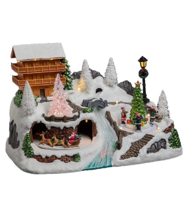 Villaggio Di Natale Con Pini E Luci Led 31X21Cm