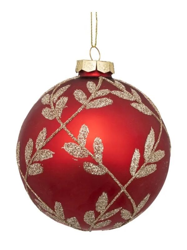 Weihnachts-Glaskugel Rot Mit Goldenen Blättern 9Cm