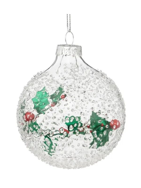 Pallina Di Natale In Vetro Effetto Bubble Con Agrifoglio 8Cm