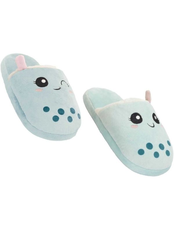 Paire De Pantoufles Kawaii Bleu Avec Bubble Tea 