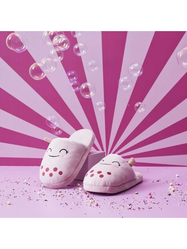 Paire De Pantoufles Kawaii Rose Avec Bubble Tea 