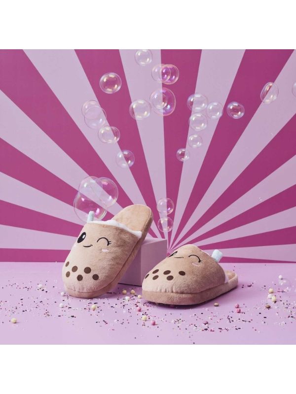 Paire De Pantoufles Kawaii Beige Avec Bubble Tea 