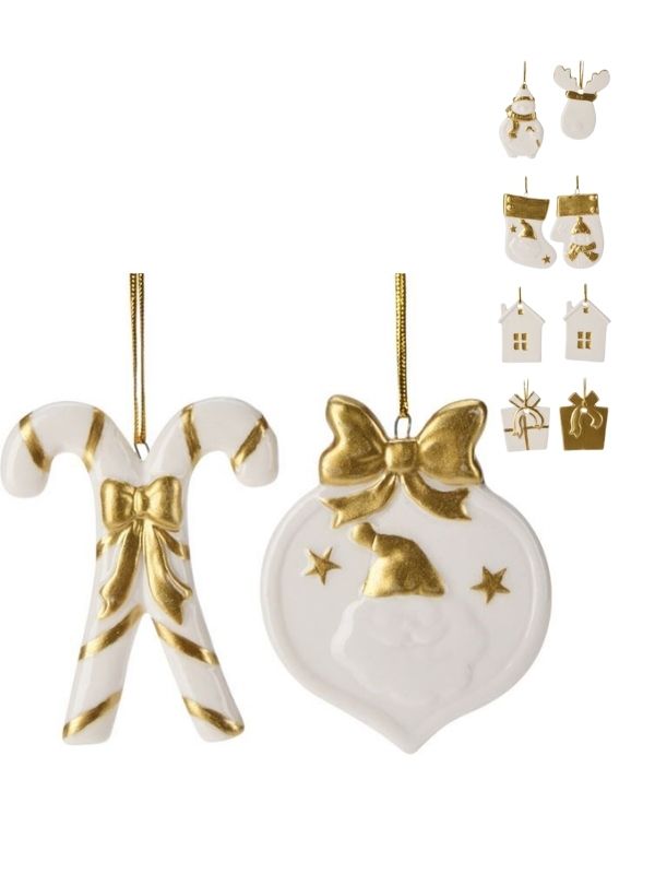 Weihnachts-Anhänger 2 Weiß-Goldene Keramikfiguren 5X7Cm