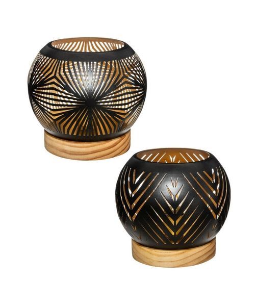 Portacandele Sferico Con Base In Legno 15Cm