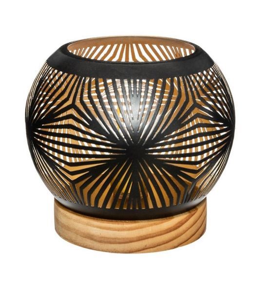 Portacandele Sferico Con Base In Legno 15Cm