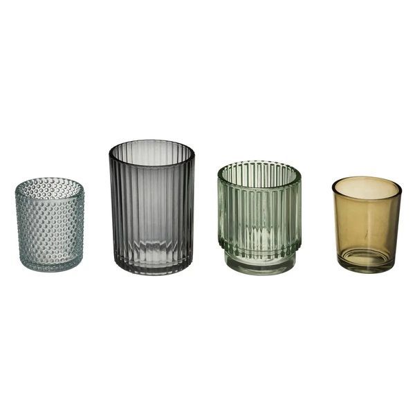 Set Di 4 Portacandele In Vetro Con Vassoio In Legno