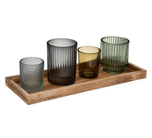 Set Di 4 Portacandele In Vetro Con Vassoio In Legno