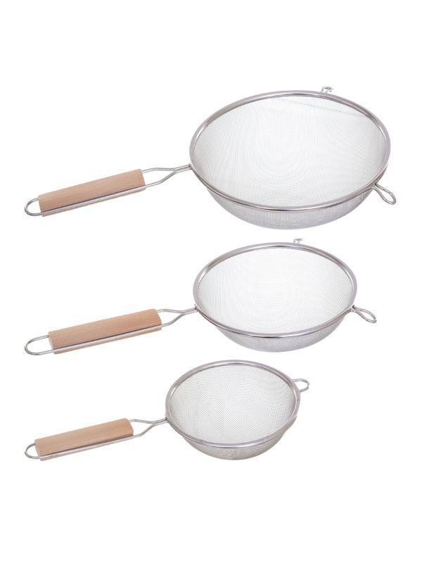 Ensemble de 3 passoires en acier inoxydable et bois