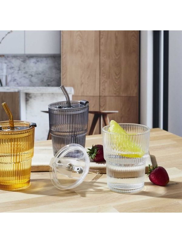  Tasse En Verre Avec Couvercle Et Paille - Assorti