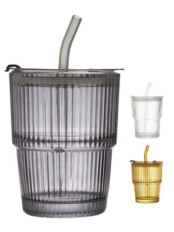  Tasse En Verre Avec Couvercle Et Paille - Assorti