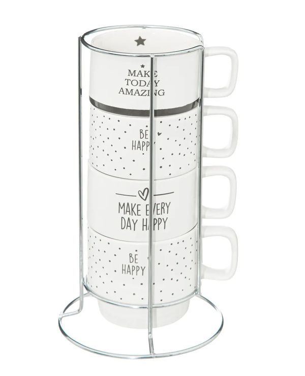 Set 4 Mug Happy Bianche Con Supporto In Metallo 22Cl