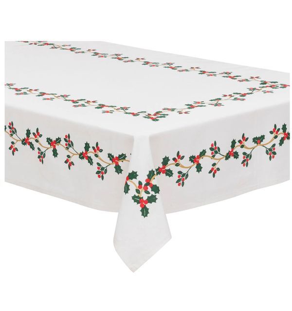 Tovaglia Natalizia Holly In Cotone Con Agrifoglio 140X360Cm
