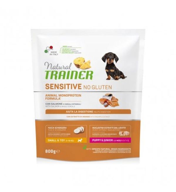 NATURAL TRAINER Sensitive Crocchette Cani Puppy Junior Salmone 800G Gluten Free