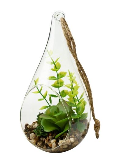 Déco Mini Terrarium Artificiel En Goutte De Verre À Suspendre 19.5Cm