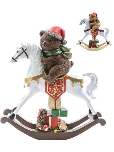 Decorazione Natalizia Orsetto Con Cavallo A Dondolo E Luci Led 32X12Cm - Assortito