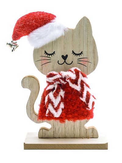 Decorazione Natalizia Gatto In Legno 12X19Cm