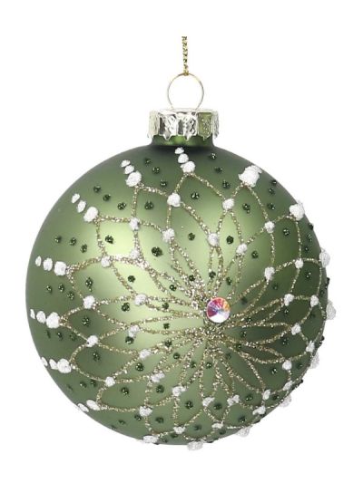 Weihnachtskugel Aus Glas Grün Mit Glitzernder Blume 8Cm