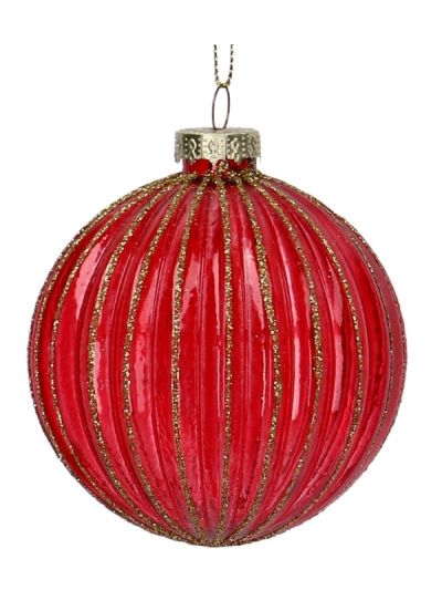 Weihnachtskugel Aus Glas Rot Mit Goldenen Glitzerstreifen 8Cm