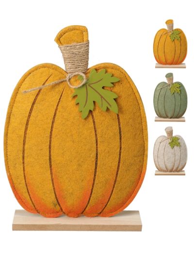 Deco Autunnale Zucca In Feltro Con Base In Legno 25Cm - Assortito