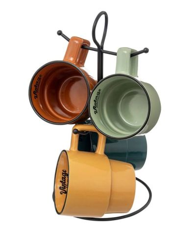 Supporto In Metallo Con 4 Mug Be Vintage In Ceramica 25Cl